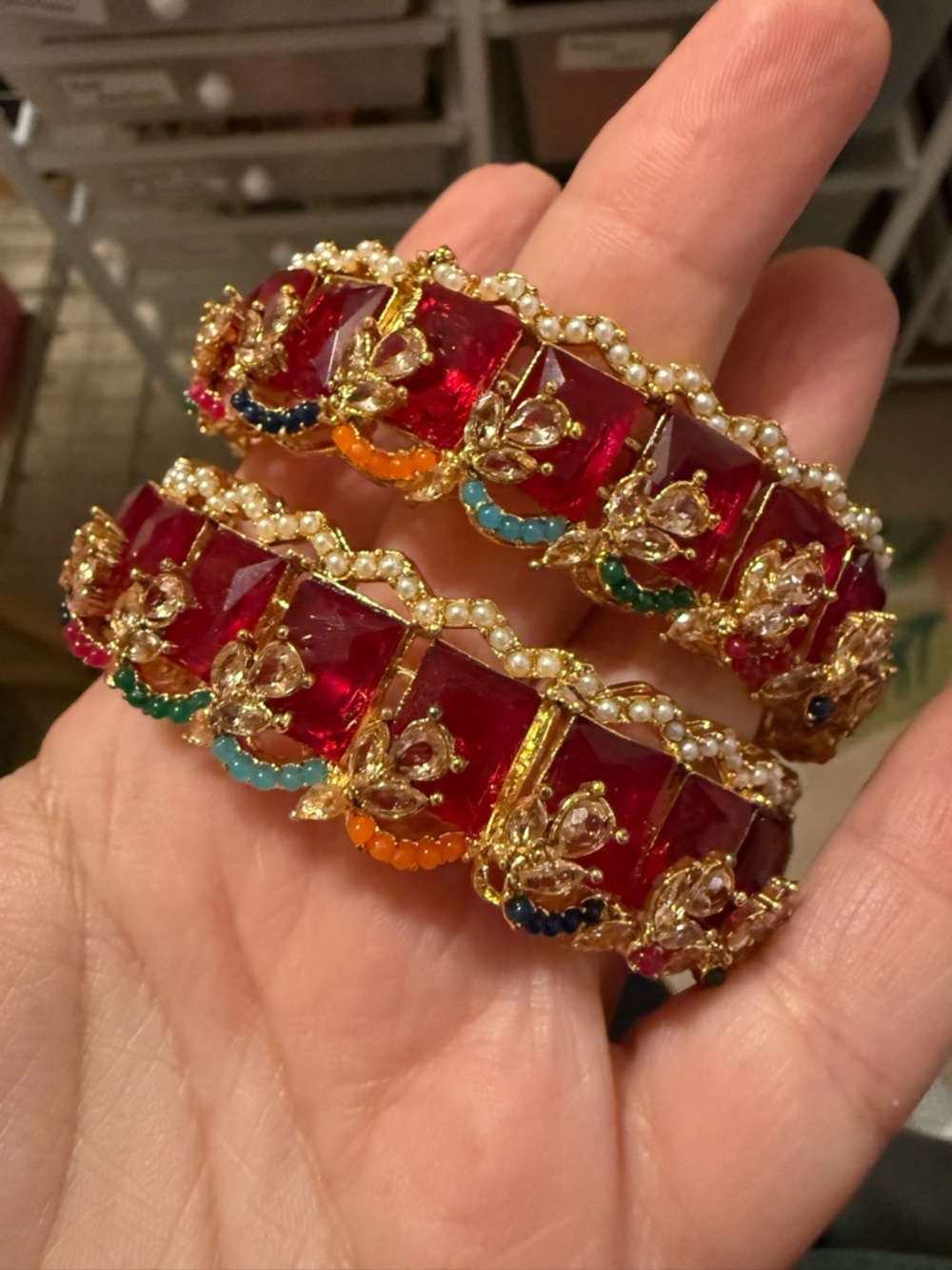 Red‎ Crystal Gold Tone Indian Bangle Bracelets Set of 2 Pearl Accents 2.4 Inch